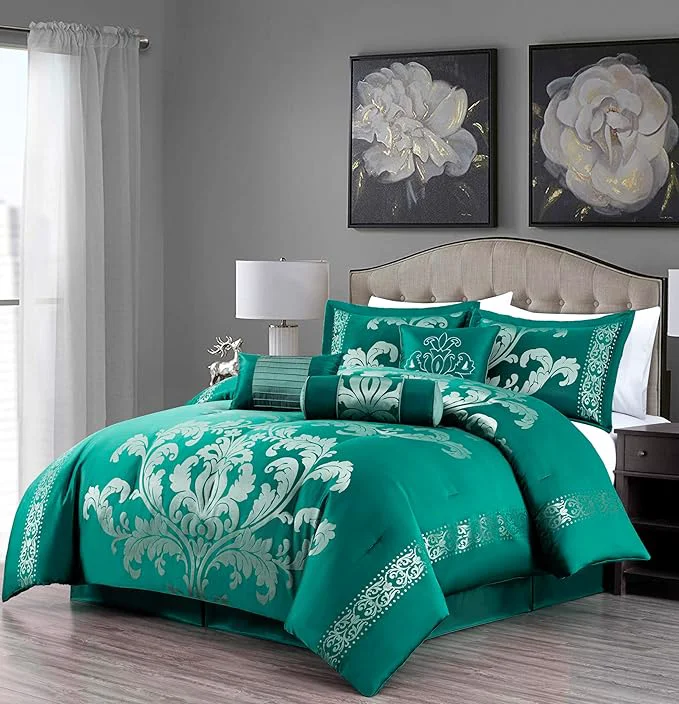 Artisan Chezmoi Collection 7-Piece Jacquard Floral Comforter Set California King Green Silver Convenient