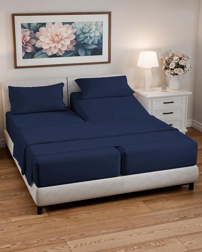 Clean Split California King Bed Sheet Set - 5 Piece Split Cal King Size Sheets - Ultra-Soft Breathable amp Cooling - Comfy Wrinkle amp Fade Resistant - Fits 8 quot to 16 quot Inch Mattress w Deep Pockets - Navy Blue Genuine