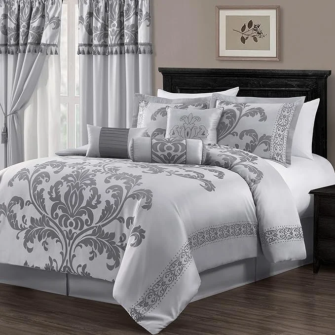 Environmentally Friendly Chezmoi Collection 7-Piece Jacquard Floral Comforter Set California King Silver Gray Clean