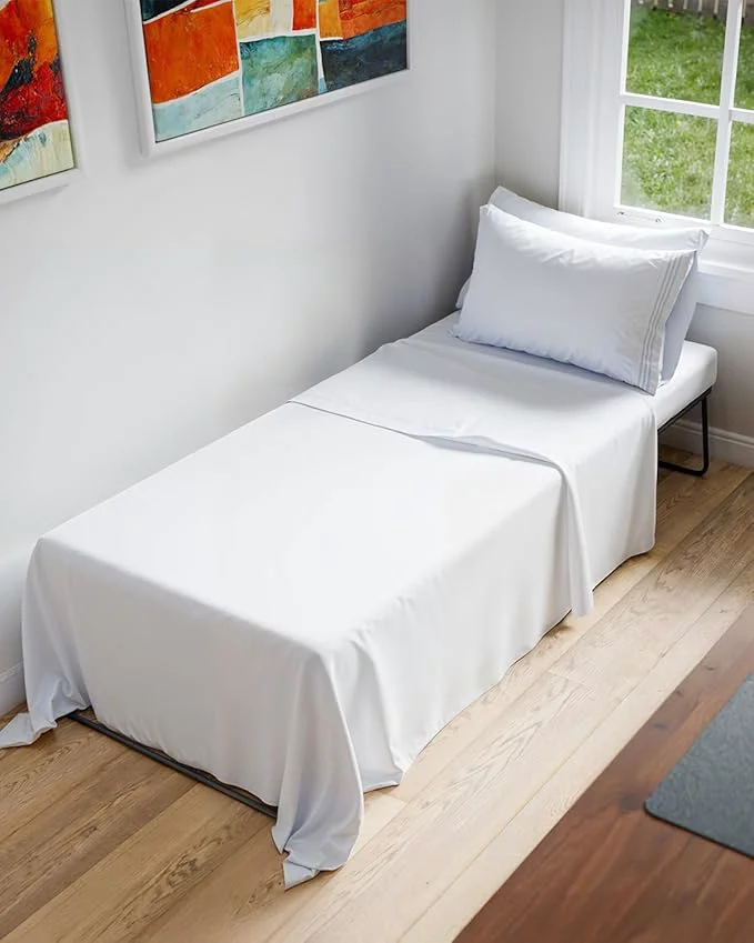 Natural Cot Sheet Set 30 x 75 – Easy-Fit Cot Size Mattress Sheets – I for Narrow Twin Camper Bunk R Twin Bunks Day Care and Camping Cots - Cot Size Fitted Sheet fits 6 to 10 Mattresses – White Enhanced