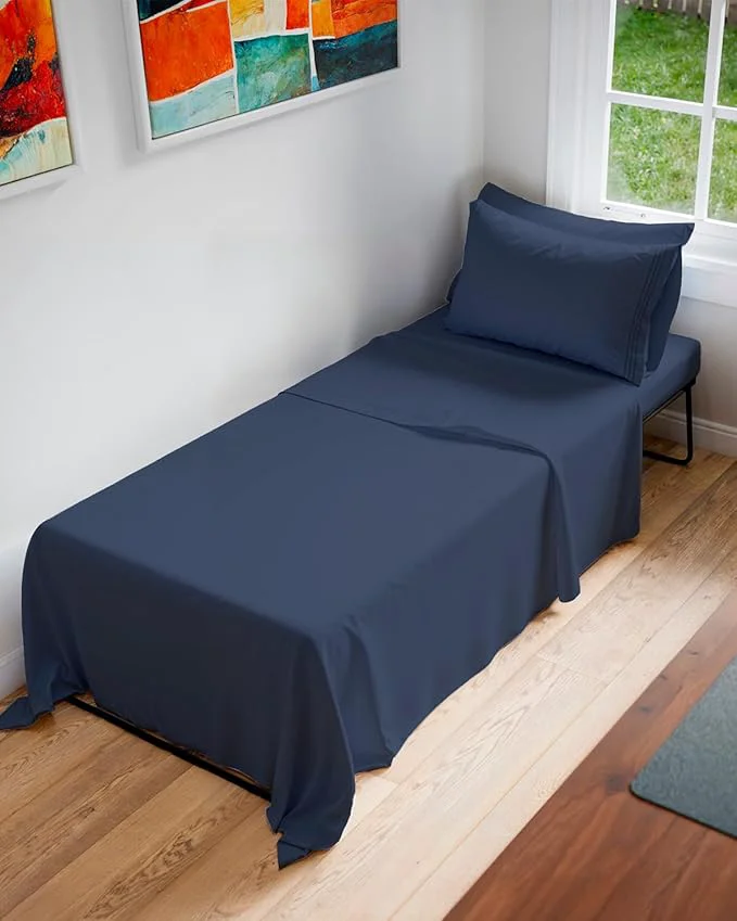 Next-Generation Cot Sheet Set 30 x 75 – 4 Piece Cot Size Narrow Twin Mattress Sheets – I for Camper Bunk R Bunks Day Care amp Camping - Fits 6 to 10 Mattress Ultra-Soft Breathable amp Cooling - Navy Blue Secure