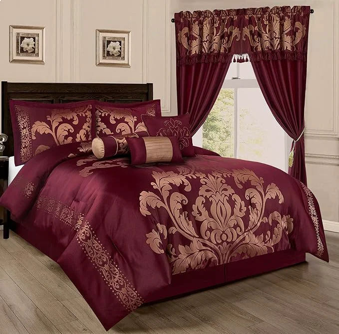 Exceptional Chezmoi Collection Royale 7-Piece Jacquard Floral Comforter Set Oversized Queen Maroon Gold Detailed