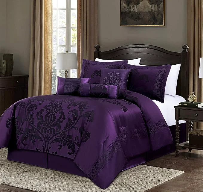 Stylish Chezmoi Collection 7-Piece Jacquard Floral Comforter Set California King Purple Dark Purple Specialty