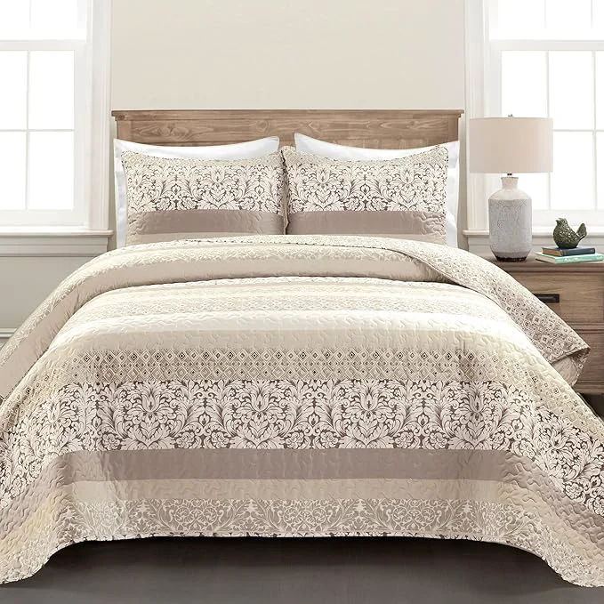 Artisan Lush Decor Boho Stripe Reversible Cotton Quilt 3-Piece Set King Neutral - Bold Colorful Bohemian Bedding Set Prestigious