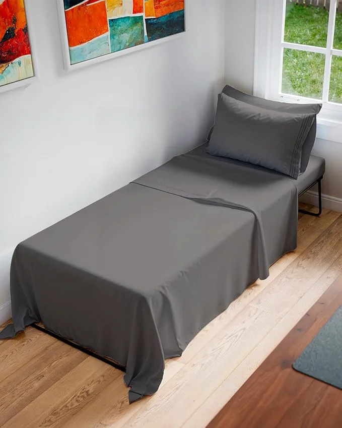 Lightweight Cot Sheet Set 33 x 75 – 4 Piece Cot Size Twin Mattress Sheets – I for Camper Bunk R Bunks Day Care Camping amp Guest Beds - Fits 6 to 10 Mattress - Comdy Breathable amp Cooling - Dark Grey Smart