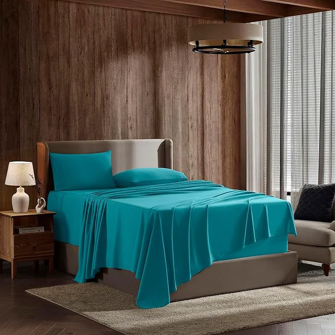 Contemporary Nestl Short Queen Sheet Set - 1800 Ultra-Soft Microfiber - Double Brushed - Deep Pockets - Easy Fit - 4 Piece Set - Bed Sheets Short Queen Teal Clean