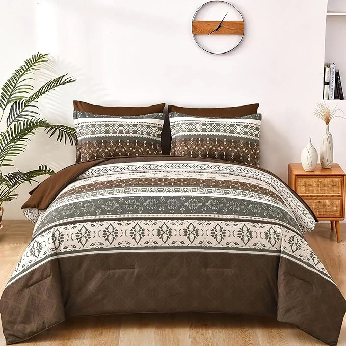 Clean WONGS BEDDING Boho Comforter Set Queen 7 Pieces Brown Comforter Bedding Set Bohemian Paisley Floral Bed in a Bag Soft Microfiber Striped Comforter Bedding Sets for All Season Effective