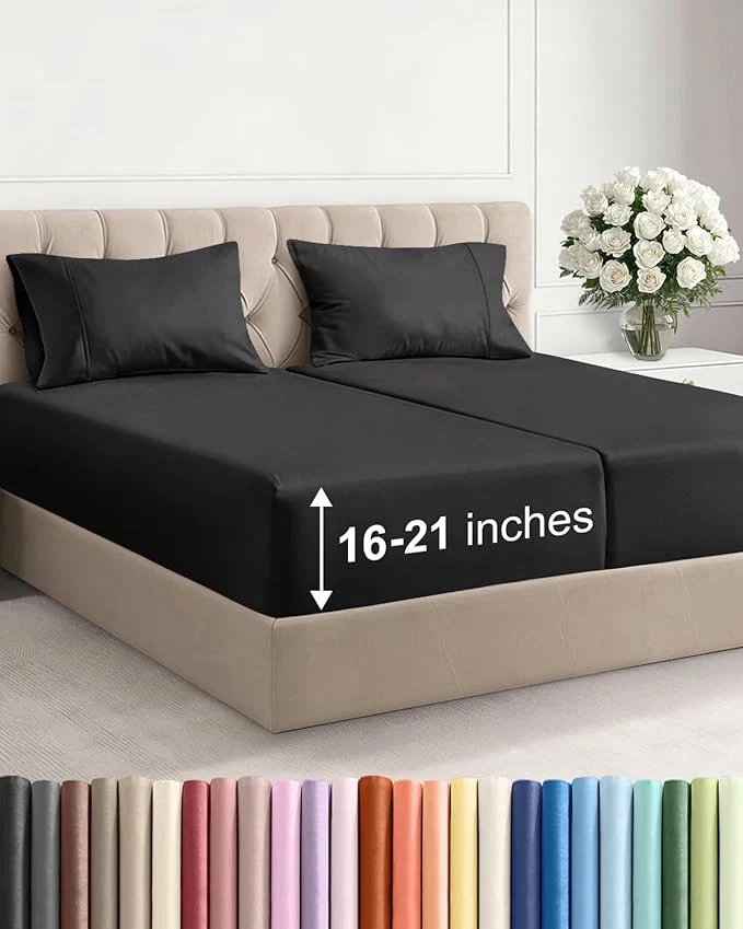Proven Extra Deep Pocket Split King Size Sheet Set - 5 Piece Breathable amp Cooling Bed Sheets - Hotel Luxury Bedding with 16 to 21 inch Extra Deep Pockets - Soft Fade amp Wrinkle Resistant - Oeko-Tex - Black Advanced