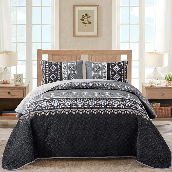 Versatile WONGS BEDDING Boho Quilt Set King Black Grey Bedspread Coverlet Set with 2 Pillowcase Lightweight Geometry Printed Bohemian Bedding Set 104 quot ×90 quot Certified