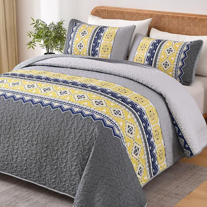 Stylish WONGS BEDDING 3 Pieces Quilt Set Queen Size Grey Yellow Quilt Bedspread Lightweight Bohemian Coverlet Set with 2 Pillowcase Soft Geometry Printed Bedding Set Queen for All Season 96 quot ×90 quot
