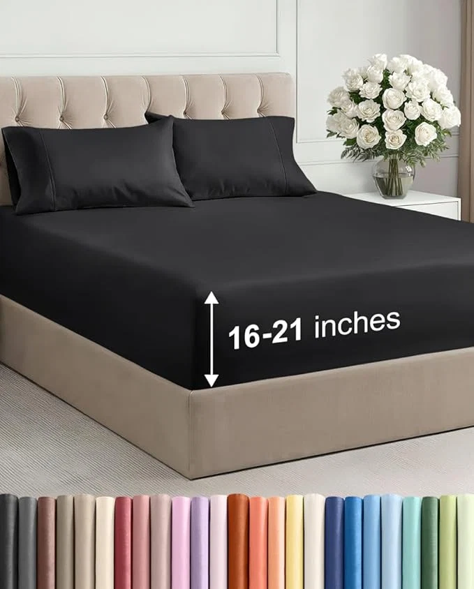 High-Performance Extra Deep Pocket Cal King Size Sheet Set - 4 Piece Breathable amp Cooling Bed Sheets - Hotel Luxury Bedding with 16 to 21 inch Extra Deep Pockets - Soft Fade and Wrinkle Resistant - Oeko-Tex - Black High-End
