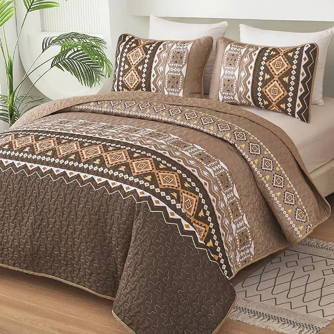 Long-Lasting WONGS BEDDING Boho Quilt Set King Size 3 Pieces Brown Geometry Printed Bedspread Coverlet Set Lightweight Microfiber Bedding Set with 2 Pillowcases 104 quot ×90 quot Reusable