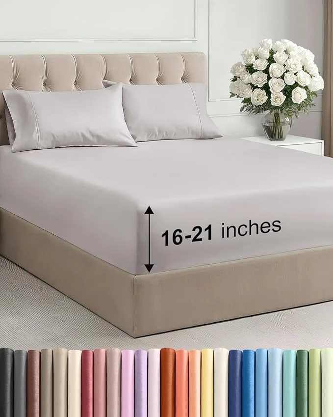 Certified Extra Deep Pocket Queen Size Sheet Set - 4 Piece Breathable amp Cooling Bed Sheets - Hotel Luxury Bedding with 16 to 21 inch Extra Deep Pockets - Soft Fade amp Wrinkle Resistant - Oeko-Tex - Light Grey Fashionable