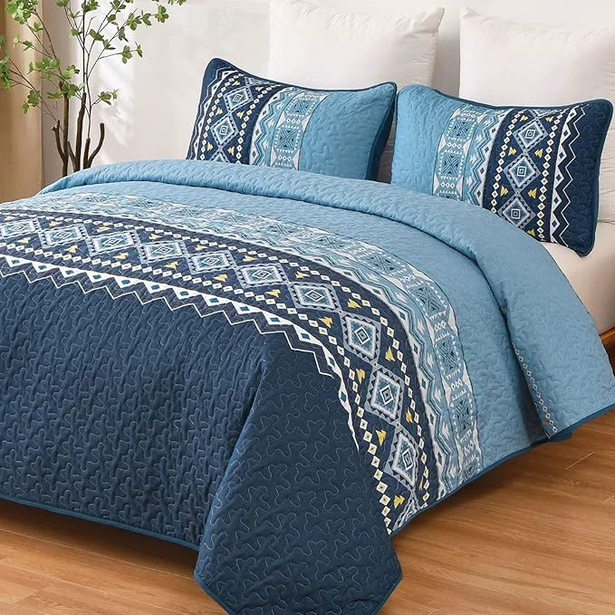 Professional WONGS BEDDING Blue Quilt Set King Boho 3 Pieces Bedspread Coverlet Set with Geometry Printed for All Season Lightweight Morden Bohemian Bedding Set 104 quot ×90 quot