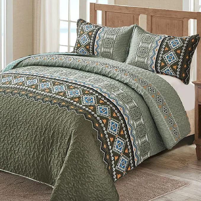 Artisan WONGS BEDDING Boho Quilt Set California King 3 Piece Olive Green Oversize Fall Bedspread Coverlet Set with Geometry Printed for All Season Lightweight Oversized Bohemian Bedding Set 106 quot ×96 quot Comfortable