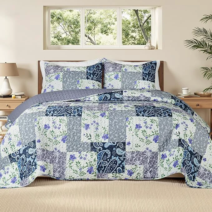 Eco-Friendly Whale Flotilla Patchwork Quilt Twin Size Soft Boho Floral Bedspreads for Bed Reversible Lightweight Twin Quilt Bedding Set Coverlets with 1 Pillow Sham for All Seasons Paisley Flowers Fashionable