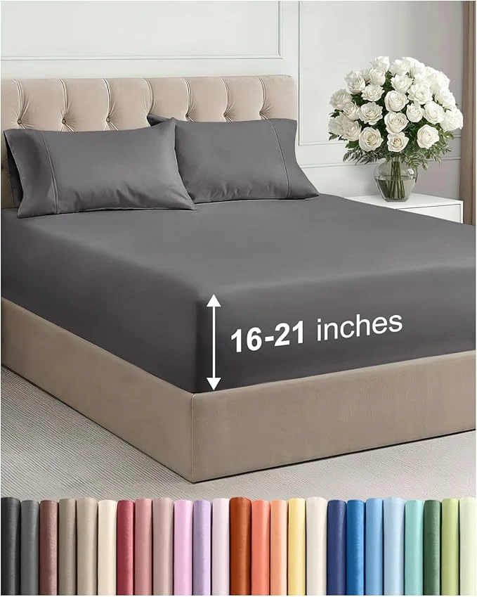 Expertly Made Extra Deep Pocket Cal King Size Sheet Set - 4 Piece Breathable amp Cooling Bed Sheets - Hotel Luxury Bedding with 16 to 21 inch Extra Deep Pockets - Soft Fade amp Wrinkle Resistant - Oeko-Tex - Dark Grey Specialty