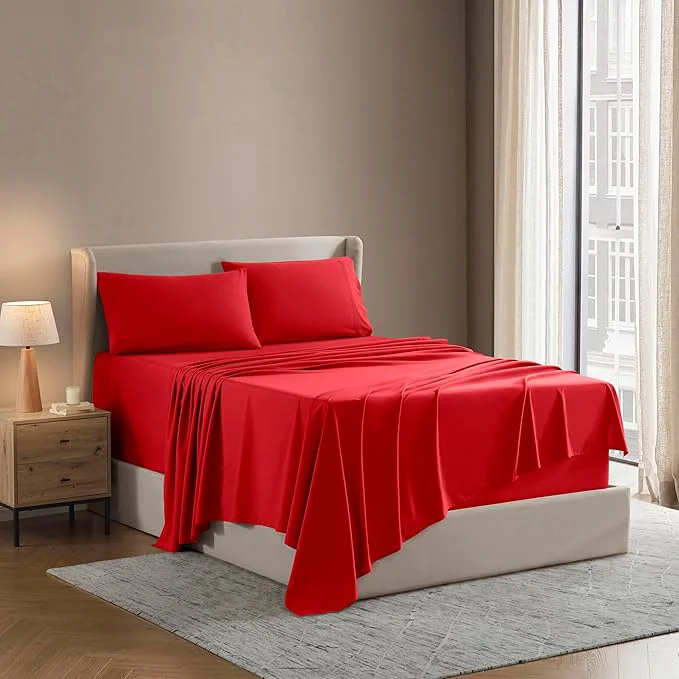 Green Nestl Full XL Sheet Set - Luxury 1800 Ultra-Soft Microfiber Full Extra Long Bed Sheets - Double Brushed - Deep Pockets - Easy Fit - 4 Piece Set - Bedding Sheets amp Pillowcases Full XL Red Modern