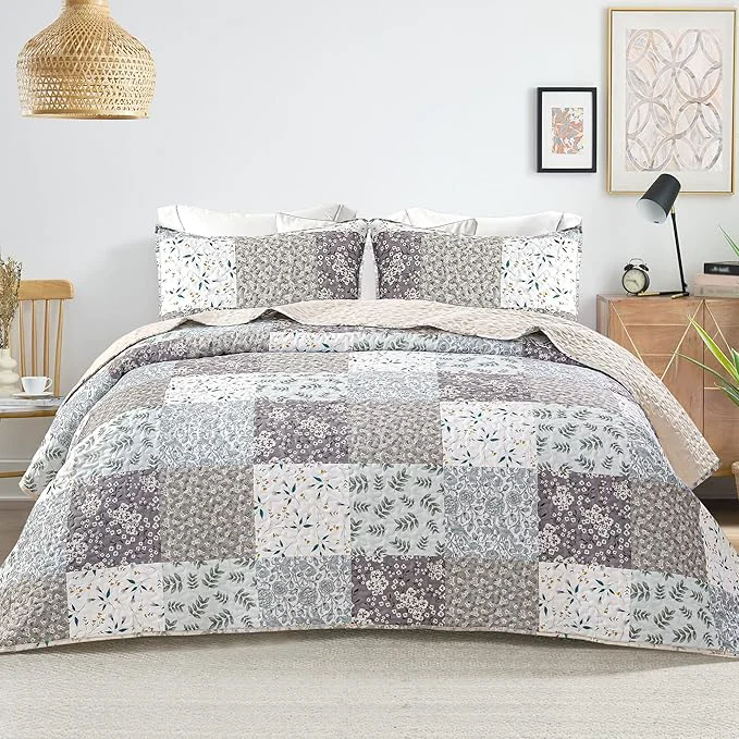Powerful Whale Flotilla Patchwork Quilts Queen Size Extra Soft Boho Floral Bedspreads for Bed Reversible Lightweight Full Queen Quilt Bedding Set Printed Coverlets with 2 Pillow Shams for All Seasons Grey Smart
