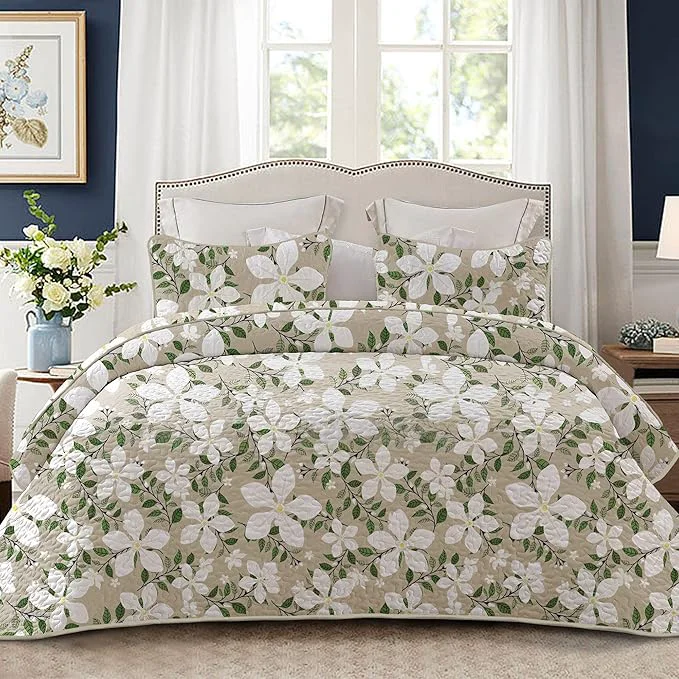 Minimalist Whale Flotilla Reversible Printed Quilts Queen Size Extra Soft Boho Floral Leaf Bedspreads for Bed Lightweight Full Queen Quilt Bedding Set Coverlets with 2 Pillow Shams for All Seasons White Bone Innovative