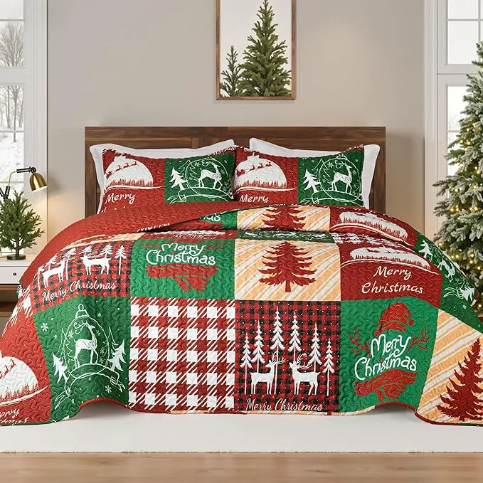 Trendy Whale Flotilla Christmas Quilt Twin Size Soft Boho Patchwork Bedspreads for Bed Reversible Lightweight Twin Quilt Bedding Set Coverlets with 1 Pillow Sham for All Seasons Happy Christmas Consistent