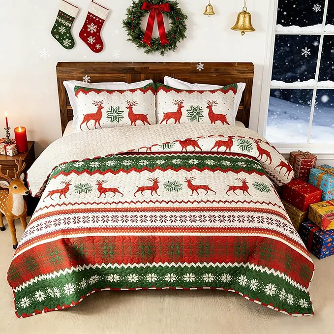 Whale Flotilla Christmas Quilt King Size Soft Boho Floral Bedspreads for Bed Reversible Lightweight King Quilt Bedding Set Coverlets with 2 Pillow Shams for All Seasons Happy Snowflake Versatile