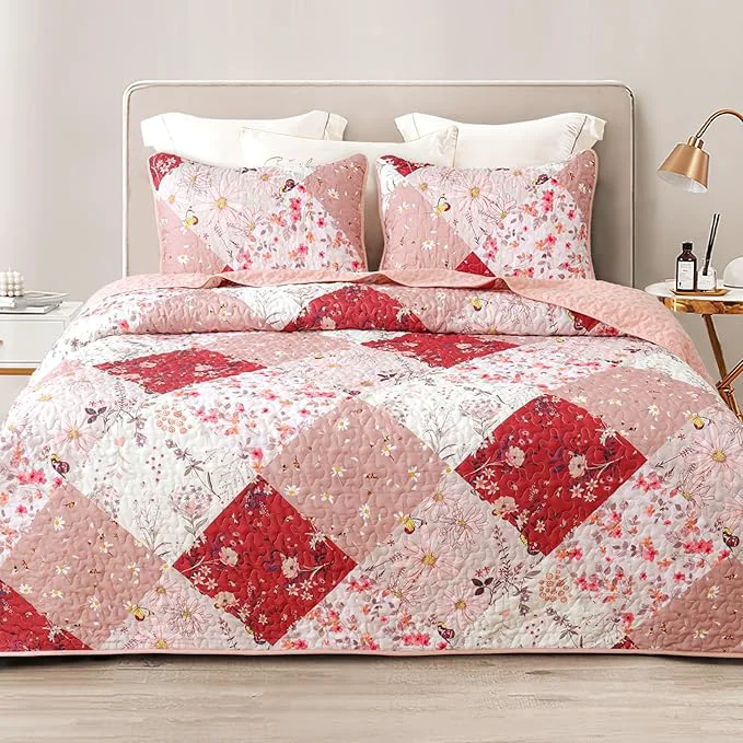 Fast Whale Flotilla Patchwork Quilts Queen Size Extra Soft Boho Floral Bedspreads for Bed Reversible Lightweight Full Queen Quilt Bedding Set Printed Coverlets with 2 Pillow Shams for All Seasons Red Responsible