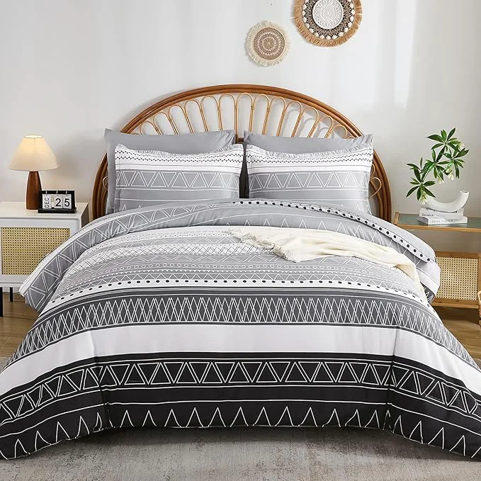 Sophisticated WONGS BEDDING King Size Comforter Set 7 Pieces Boho Grey White Geometric Striped Comforter for King Bed in a Bag Soft Microfiber Bedding Set with Pillowcases Flat Sheet Fitted Sheet Pillow Shams High-End