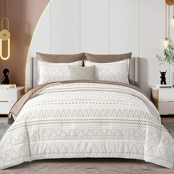Exclusive WONGS BEDDING Brown Boho Comforter Set Queen 7 Pieces Bed in a Bag Geometric Striped Comforter Reversible Soft Microfiber Bedding Set with Pillowcases Flat Sheet Fitted Sheet Pillow Shams Elite