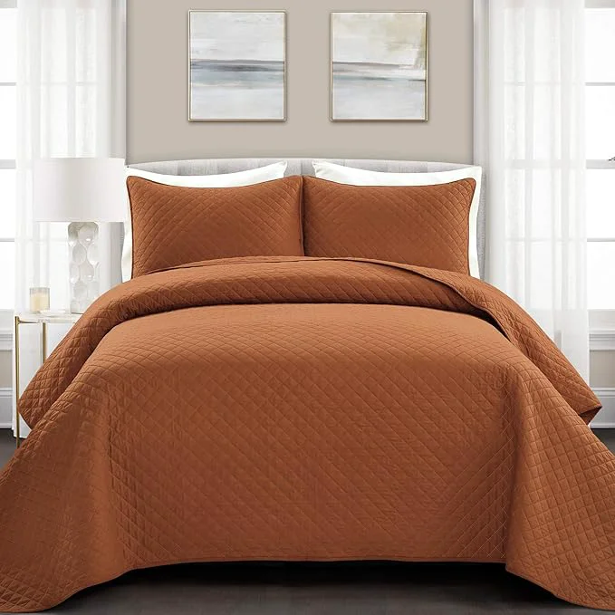 Innovative Lush Decor Ava Quilt Diamond Pattern Solid 3 Piece Oversized Bedding Blanket Bedspread Set - Full Queen - Rust Eco-Friendly