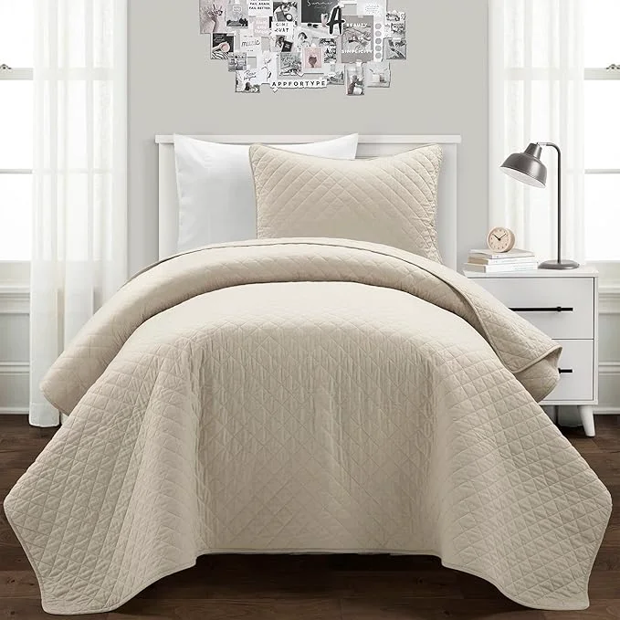 Fine Lush Decor Ava Quilt Diamond Pattern Solid 2 Piece Oversized Bedding Blanket Bedspread Set - Twin-XL - Neutral Elegant