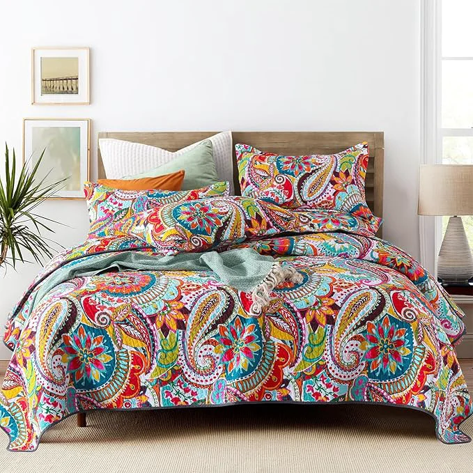 Official Qucover King Size Quilt Bedding Set Cotton Boho Bedspread Vibrant Colorful Gorgeous Paisley Print Coverlet for Living Bedroom Bed Cover with 2 Pillow Shams 98x106 Inches Reusable