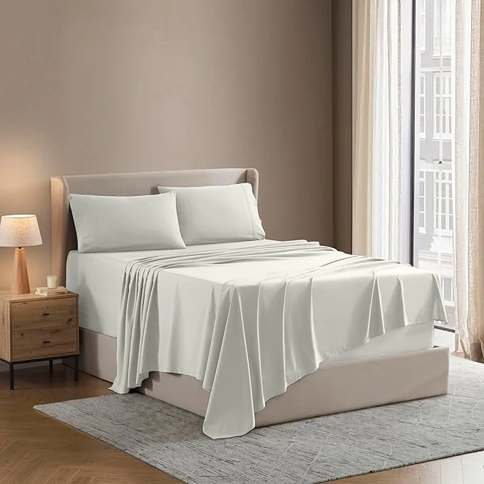 Functional Nestl Bed Linen Set - Short Queen 4Piece Sheet Set Microfiber Off White Lightweight Breathable Wrinkle Luxury