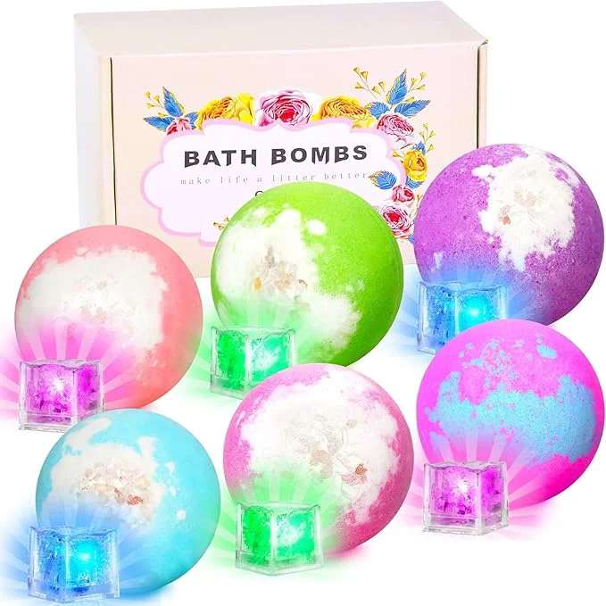 Sustainable Light Up Bath Bombs with Surprise Inside 4.23 oz XL Natural Gift Set 6 with Practical