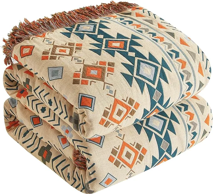 Original Design Boho Throw Blanket for Bed 90 x98 Cotton Woven Blanket for Couch Sofa Ultra Soft 4-Layer Muslin Quilt with Diamond Pattern Farmhouse Bed Blanket Cover for Living Room Decor Casual