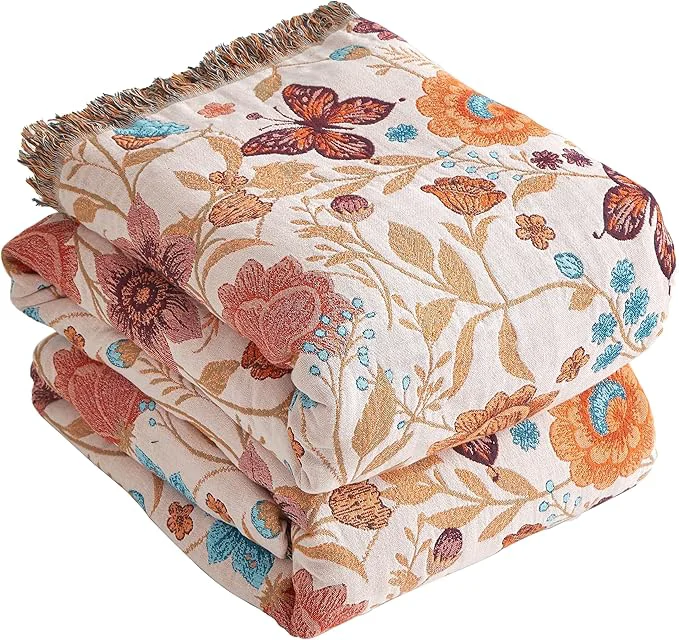 User-Friendly Boho Throw Blanket for Bed 60 x80 Cotton Woven Blanket for Couch Sofa Ultra Soft 4-Layer Muslin Quilt with Floral Printed Farmhouse Bed Blanket Cover for Living Room Decor Functional