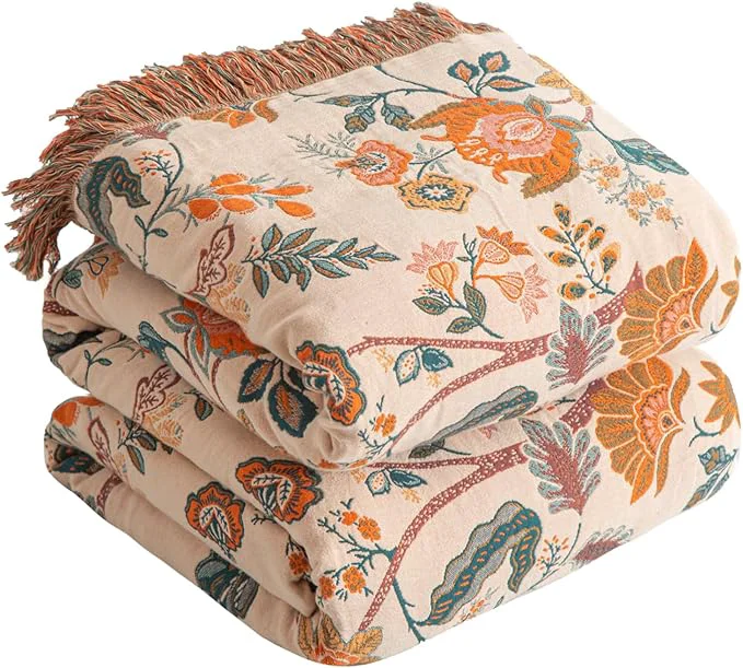 Versatile Boho Throw Blanket for Bed 60 x80 Cotton Woven Blanket for Couch Sofa Ultra Soft 4-Layer Muslin Quilt with Floral Printed Farmhouse Bed Blanket Cover for Living Room Decor Fine