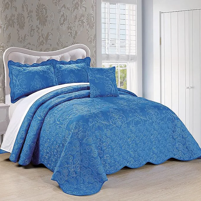 Unique Home Soft Things Damask 4 Piece Bedspread Set Scalloped Edge Reversible Quilt Coverlet Comforter Prewashed Bedding Set Matelasse Embossed Floral Solid Pattern Palace Blue Oversize King 120 quot x 120 quot Breathable