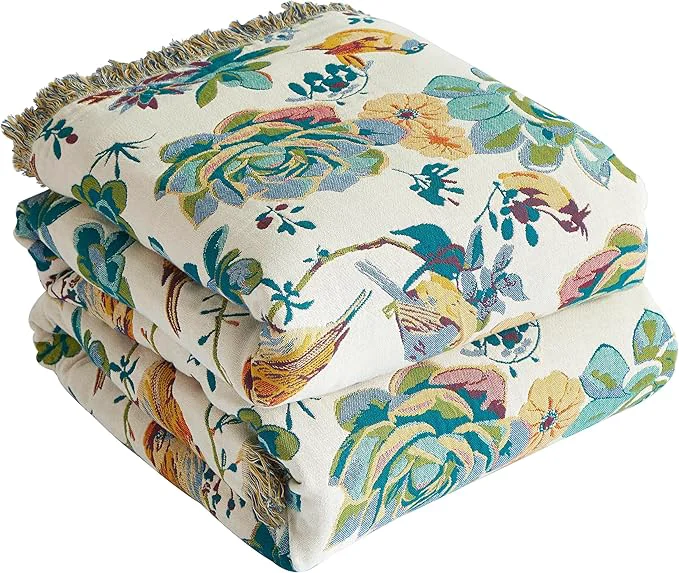 Trendy Boho Throw Blanket for Bed 80 x90 Cotton Woven Blanket for Couch Sofa Ultra Soft 4-Layer Muslin Quilt with Floral Printed Farmhouse Bed Blanket Cover for Living Room Decor Responsible