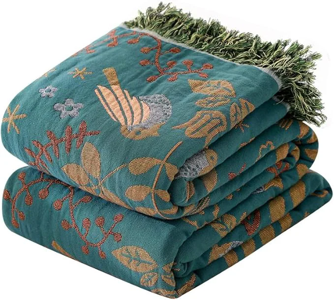 Professional Boho Throw Blanket for Bed 60 x80 Cotton Woven Blanket for Couch Sofa Ultra Soft 4-Layer Muslin Quilt with Bird Floral Printed Farmhouse Bed Blanket Cover for Living Room Decor Eco-Friendly