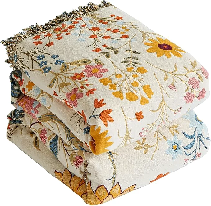 Dependable Boho Throw Blanket for Bed 60 x80 Cotton Woven Blanket for Couch Sofa Ultra Soft 4-Layer Muslin Quilt with Floral Printed Farmhouse Bed Blanket Cover for Living Room Decor Certified