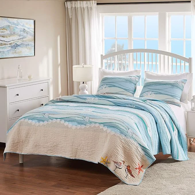 Unique Greenland Home Maui Embroidered Coastal Quilt Set King California King 3-Piece Detailed