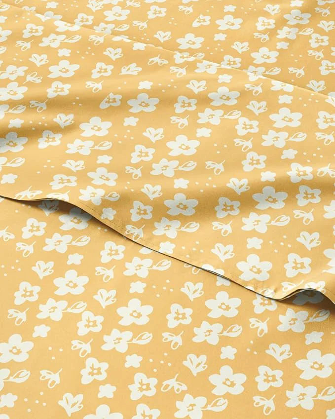 Safe Floral Sheets - Yellow Floral Bed Sheet Set - 1 Flat 1 Fitted amp 2 Pillowcases w Deep Pockets - Wrinkle amp Fade - Boho Botanical Bedding - Ultra-Soft Breathable and Cooling - Cal King Size Set Secure