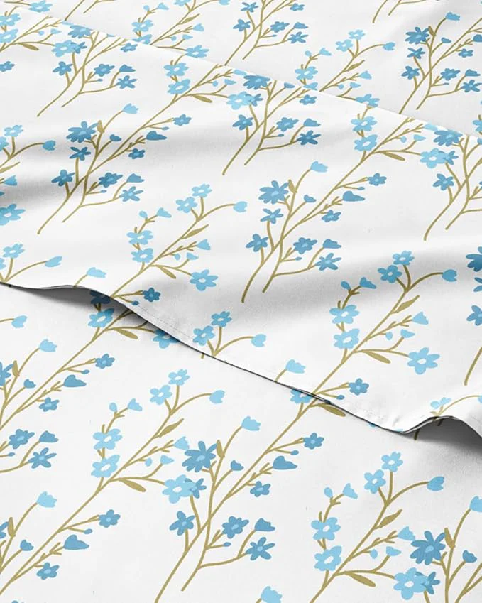 Trusted Floral Sheets - Blue Floral Bed Sheet Set - 1 Flat 1 Fitted amp 2 Pillowcases w Deep Pockets - Comfy Wrinkle amp Fade - Boho Botanical Bedding - Soft Breathable and Cooling - Cal King Size Set Efficient