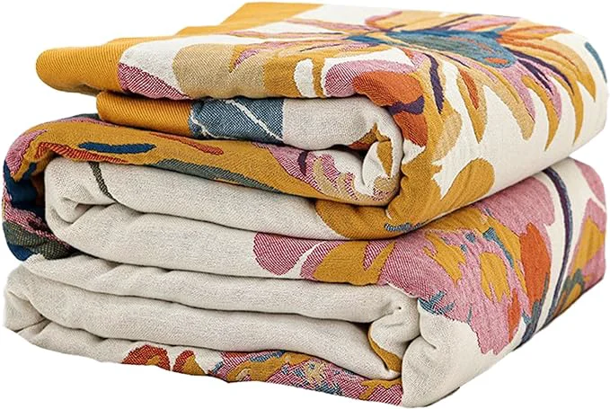 Solid Boho Throw Blanket for Bed 60 x80 Cotton Woven Blanket for Couch Sofa Ultra Soft 4-Layer Muslin Quilt with Floral Printed Farmhouse Bed Blanket Cover for Living Room Decor Casual