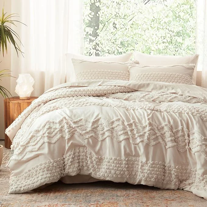 Effective Luxudecor Beige Tufted Comforter Set Full Size 3 Pieces Boho Shabby Chic Comforter Farmhouse Embroidery Bedding Set Soft Comforter for All Seasons Beige 80 39 39 x90 39 39 Artisan
