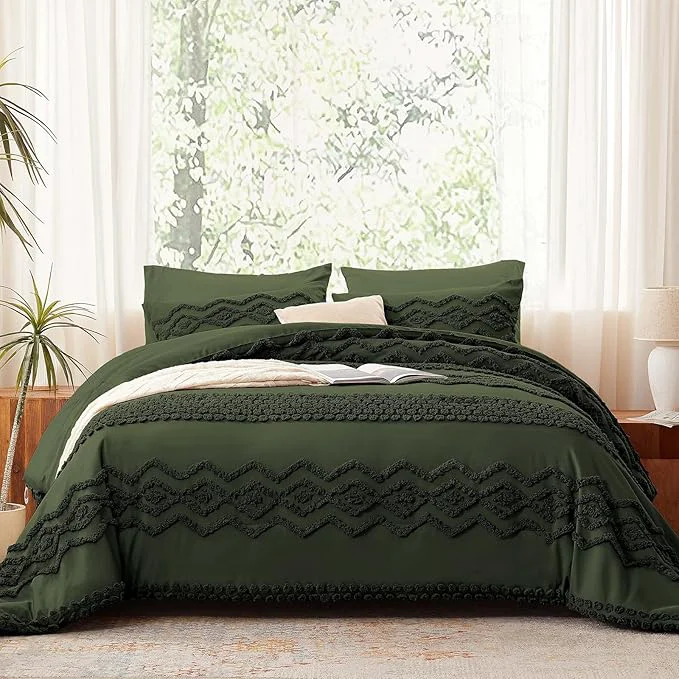 Traditional Luxudecor Olive Green Boho Tufted Comforter Set King Size 3 Pieces Boho Shabby Chic Comforter Farmhouse Embroidery Bedding Set Soft Comforter for All Seasons Olive Green 104 39 39 x90 39 39 Detailed