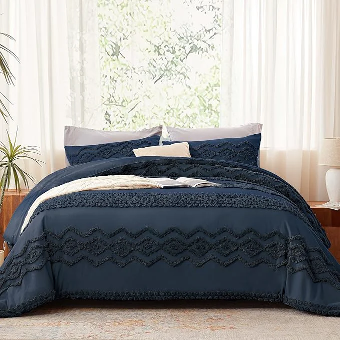 Exclusive Luxudecor Navy Blue Boho Tufted Comforter Set Full Size 3 Pieces Boho Shabby Chic Comforter Farmhouse Embroidery Bedding Set Soft Comforter for All Seasons Navy Blue 80 39 39 x90 39 39 High-Quality