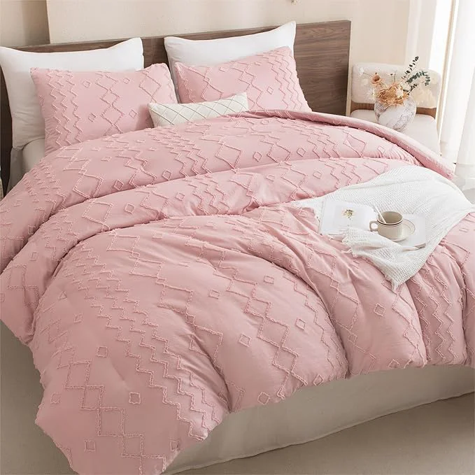 Crafted Andency Pink Tufted Comforter Set Queen 90x90Inch 3 Pieces 1 Boho Comforter 2 Pillowcases Textured Farmhouse Soft Microfiber Down Geometric Bedding Set Innovative