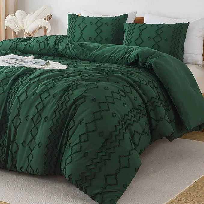 Optimized Andency Twin Size Comforter Emerald Green 2 Pieces 1 Boho Comforter 1 Pillowcase Dark Green Tufted Geometric Shabby Chic Bedding Soft Fluffy Jacquard Farmhouse Bed Set for All Season Elite